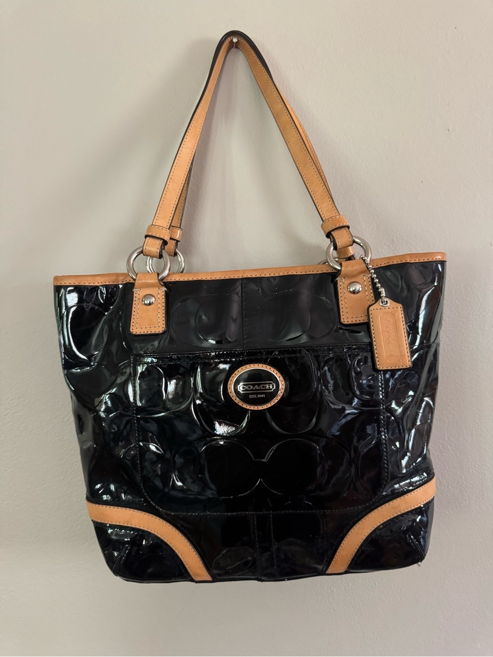 Coach Peyton Black Patent Leather Tote with Tan Trim